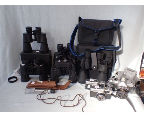 A COLLECTION OF BINOCULARS AND CAMERAS including five binoculars, two Olympus Trip 35 cameras, an Yashica TL Electro X camera