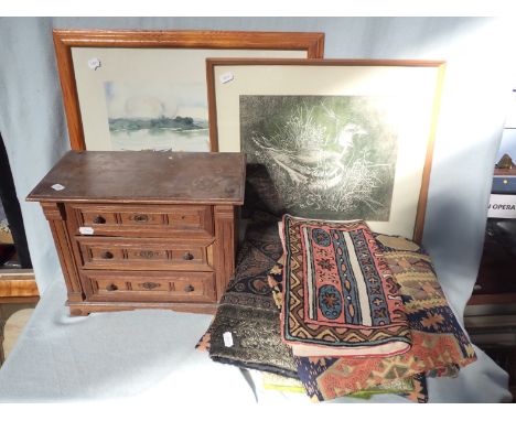A MINATURE OAK CHEST OF DRAWS, TEXTILES AND TWO PICTURES 