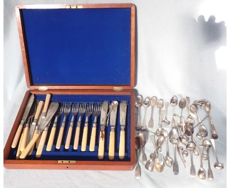 A SILVER CADDY SPOON, OTHER SILVER and a mahogany cased part set of fish eaters