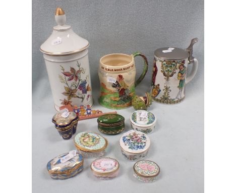 A LIMOGES LIDDED JAR AND OTHER CERAMICS including a Limoges lidded jar with Warwin decoration, 'The Whole Dam Family' ceramic