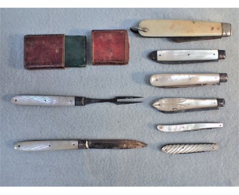 A 19TH CENTURY SILVER AND MOTHER-OF-PEARL FOLDING 'CAMPAIGN' KNIFE AND FORK in leather case, and a collection of penknives