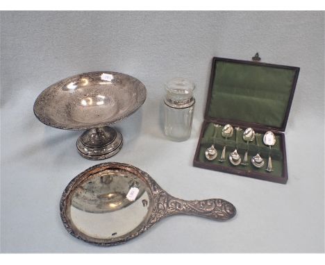 A SILVER TAZZA (LOADED), A SET OF TEASPOONS a silver collared jar, and a (damaged) hand mirror
