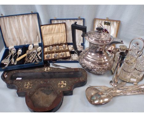 A QUANTITY OF SILVER-PLATED ITEMS including a Victorian desk-stand base(inkwell chipped, examine)