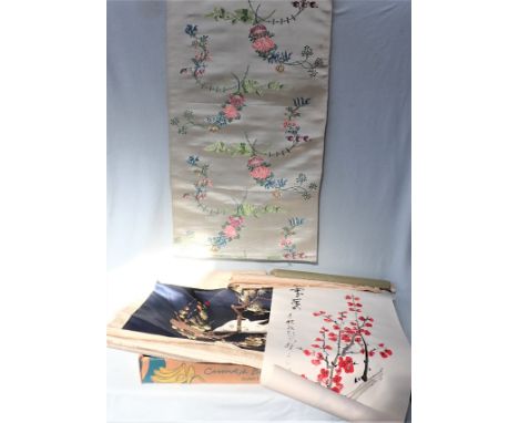 A LENGTH OF CHINESE EMBROIDERED SILK a scroll, and a silk panel (wrapped in 1880s newspaper)