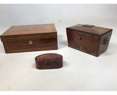 A nineteenth century tea caddy with brass inlays, lid interior lined with velvet. Also with two other wooden boxes - one A/F