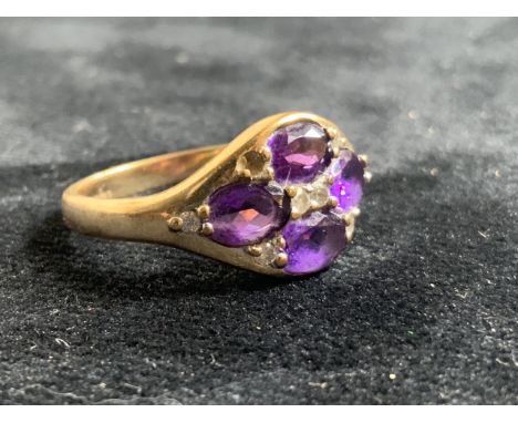 9ct gold amethyst and diamond dress ring. Total weight 3gm. Size P