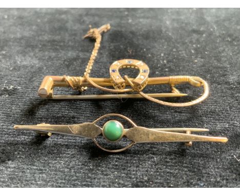 9ct gold pearl and sapphire riding crop and horseshoe bar brooch with one other 