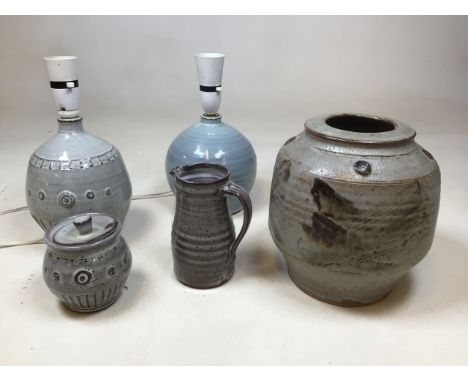 Dorothy Kemp. Studio pottery, two lamp bases, a vase, jug and sugar bowlH:20cm Vase height 