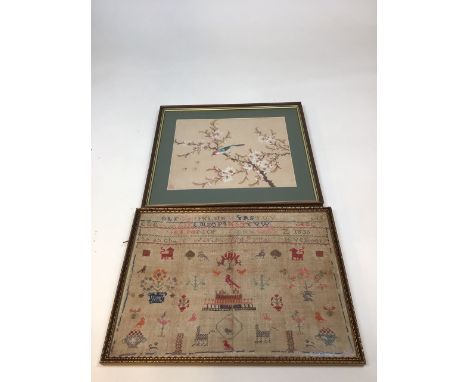 A nineteenth century sampler dated 1836 - faded and some damage - see photos - also with a Japanese bird and blossom image pr