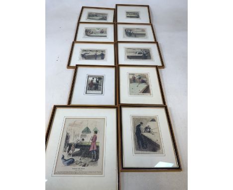 A series of ten coloured snooker and billiards related prints. Largest W:32cm x H:37cm