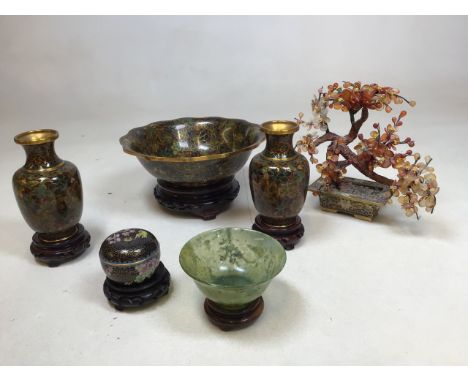 Cloisonne bowl and pair of vases on stands with  a spinach jade bowl and a tree of life in cloisonne stand W:21cm x H:7cm dim