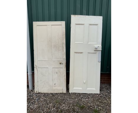 Two painted doors one with ceramic handles and door plaque. W:81cm x H:201.5cmW:85.5cm x H:189cm