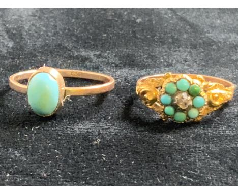 An un-marked gold turquoise cluster ring with central diamond size N.5 with another set in 9ct gold Size S