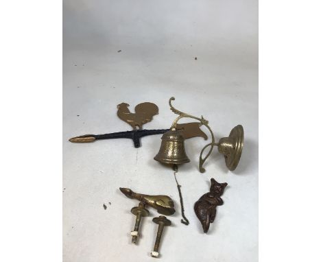 Vintage fish brass door knocker also with a wall hung bell, a weather vane styled as a cockerel 