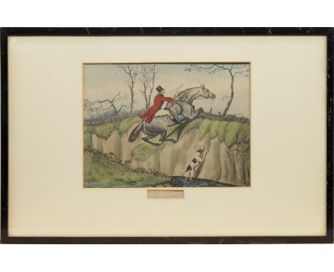 FOUR HUNTING PRINTShand coloured intaglio prints, comprising: 'The Run', 'The Scramble', 'Unpleasant', and 'The Leap', all mo