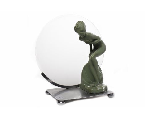 ART DECO TABLE LAMP WITH GREEN PAINTED PLASTER FEMALE MOUNTwith frosted glass back, 29cm high