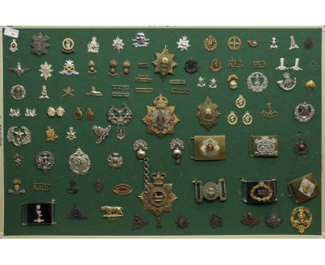 COLLECTION OF BRITISH MILITARY CAP BADGES, TITLES AND BELT BUCKLESbrass and plastic examples, from regiments including the Ro