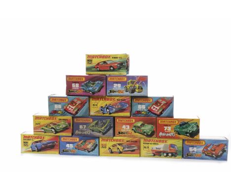 FIFTEEN 1970s MATCHBOX SUPERFAST AND ROLA-MATICS MODELSboxed and mint, comprising Tractor Shovel 29, Weasel 73, Saab Sonett I