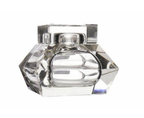VICTORIAN GLASS INKWELL the square lid lifting to reveal glass well, the body of spreading faceted square form, approximately