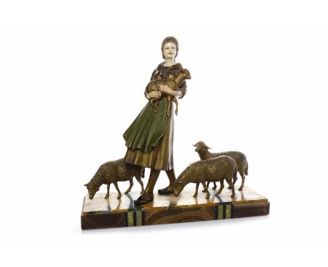 ART DECO PAINTED SPELTER AND COMPOSITION GROUPmodelled as a Dutch woman carrying a lamb with two sheep following, on an onyx 