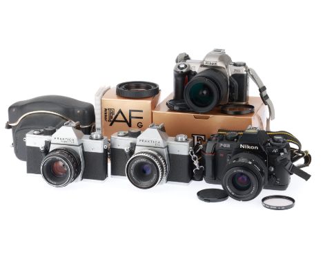 A Group of 35mm SLR Cameras, comprising a Nikon F501, body G, not powering up, with AF-Nikkor 35-70mm lens, barrel G, optics 