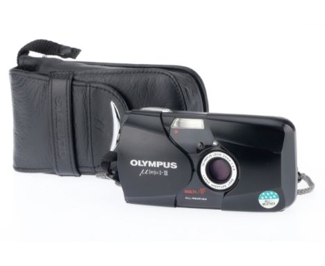 An Olympus mju-II Compact Film Camera, black, body VG, powers up and flashes, with soft case.