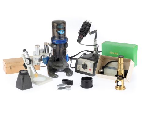 A Selection of Magnifying Instruments, to include a USB digital microscope, a brass hand microscope, an Eschenbach stereo mag