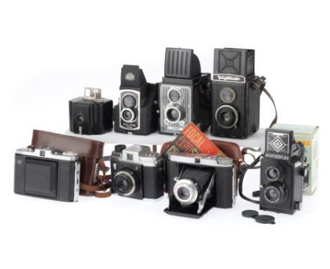 A Mixed Selection of Film Cameras, to include a Ross Ensign Ful-Vue Super, black, body G, working, an Ilford Craftsman TLR, w