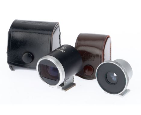 A Leitz Wetzlar 135mm Shoe-Mount Finder, silver, VG, in leather case, and a Canon 28mm finder, black, G, in leather case.