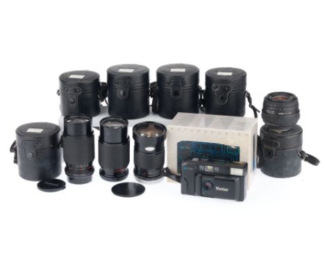 A Selection of Camera, Lenses and Cases, to include a Vivitar DC750 compact camera, boxed, untested, several after-market len