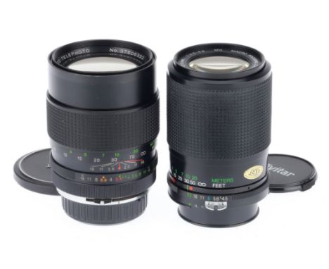 A Pair of Vivitar Camera Lenses, comprising a f/2.5 135mm auto-telephoto, barrel VG, optics VG, and a f/4.5-5.6 70-210mm zoom