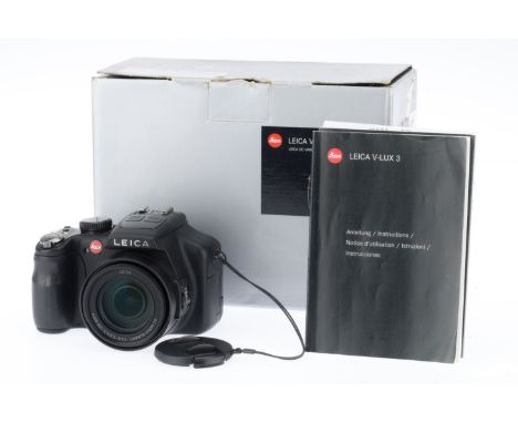 A Leica V-LUX 3 Digital Bridge Camera black, serial number 4260698, body G, powers up, takes a picture, flash works, with bat