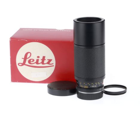 A Leitz-Wetzlar Vario-Elmar-R f4.5 75-200mm Lens, black, serial number 3054083, barrel VG-E, optics VG-E, with caps, in maker