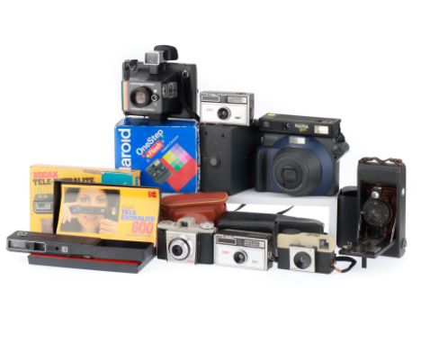 A Mixed Selection of Cameras, to include a Fujifilm Instax 100, powers up, lens extends, body G, a Polaroid One-Step Flash, b