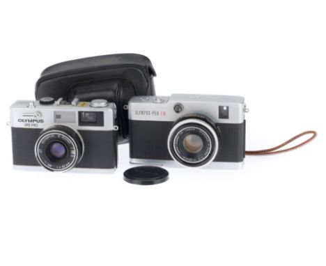 A Pair of Olympus Compact Cameras, comprising a 35RC, silver, body G, shutter works, rangefinder works, optics G, and a Pen E