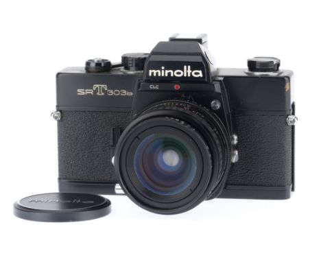 A Minolta SRT303b 35mm SLR Camera, black, serial number 3212476, body G-VG, shutter works, advance works, not able to test me