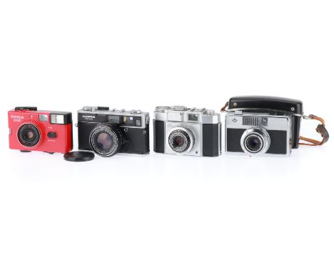 A Group of Compact 35mm Cameras, comprising a Konica Pop, red, body G, shutter works, flash not working, an Olympus 35 UC, bo