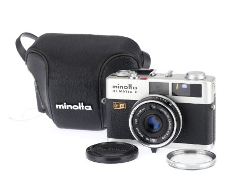 A Minolta Hi-Matic F 35mm Rangefinder Camera, silver, body G, shutter works, rangefinder works, not battery tested, has had b