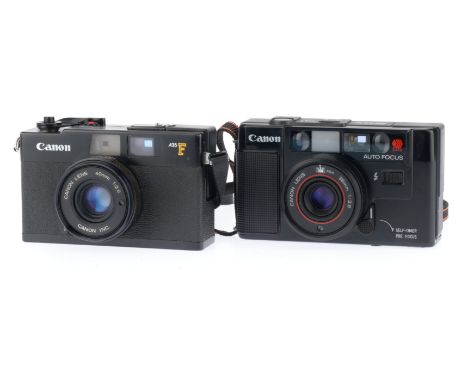 A Pair of Canon Compact Cameras, comprising an A35F, black, body G, shutter works, rangefinder works, flash works, metering n