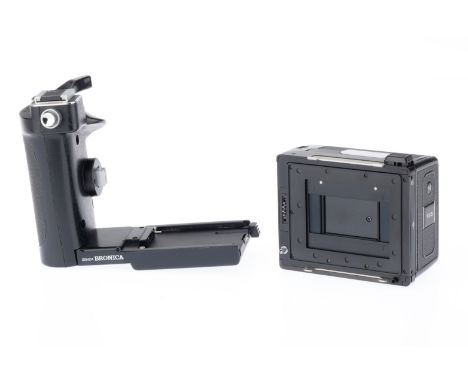 A Bronica ETR 35mm Film Back and Hand Grip, black, condition G, for using 135 format film with a Zenza Bronica ETR camera, an