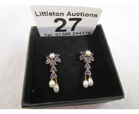 Pair of amethyst &amp; pearl drop earrings