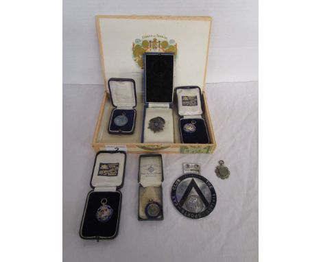 Collection of 6 hallmarked silver fobs and 'Vintage Sports Car Club' badge