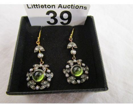 Pair of diamond, peridot &amp; pearl drop earrings