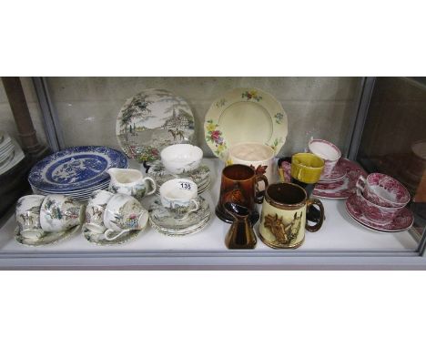 Shelf of ceramics to include hunting themed part tea service