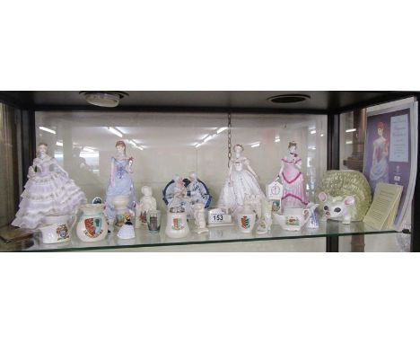 Shelf of collectables to include 4 Royal Worcester figurines &amp; crested ware
