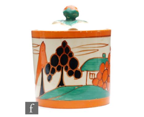 Clarice Cliff - Orange Trees &amp; House - A large size drum shaped preserve pot and cover circa 1930, hand painted with a st