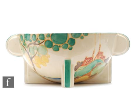 Clarice Cliff - Secrets - A shape 441 bowl circa 1933, hand painted with a stylised landscape with cottages on a hill and tre