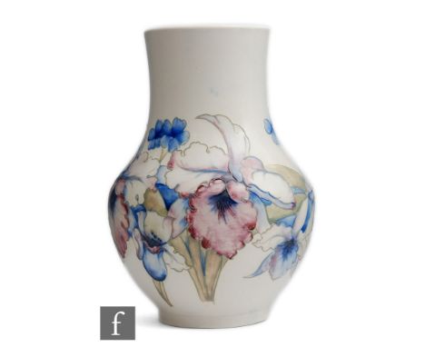 William Moorcroft - A 1930s salt glazed vase of globe and shaft form decorated in the Orchid pattern, impressed signature mar