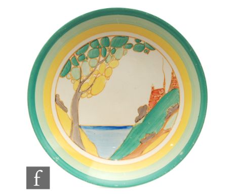 Clarice Cliff - Secrets - A 9 inch Clarice Cliff dish form plate circa 1933, hand painted with a stylised tree and cottage co