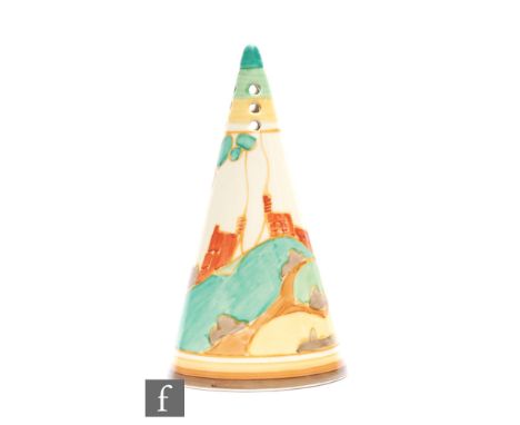Clarice Cliff - Secrets - A Conical shape sugar sifter circa 1933, hand painted with a stylised tree and cottage coastal land